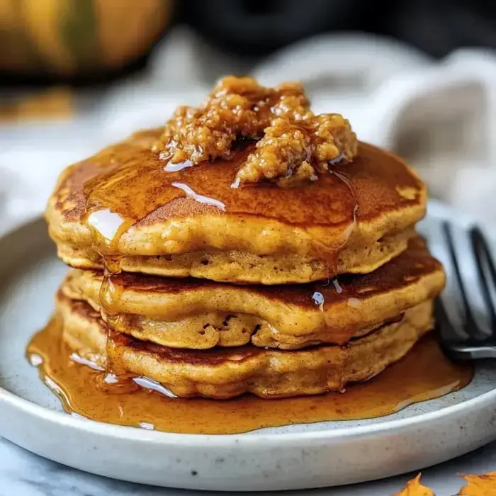 A light-colored plate holds a stack of golden pancakes, drizzled with syrup and topped with melting butter.