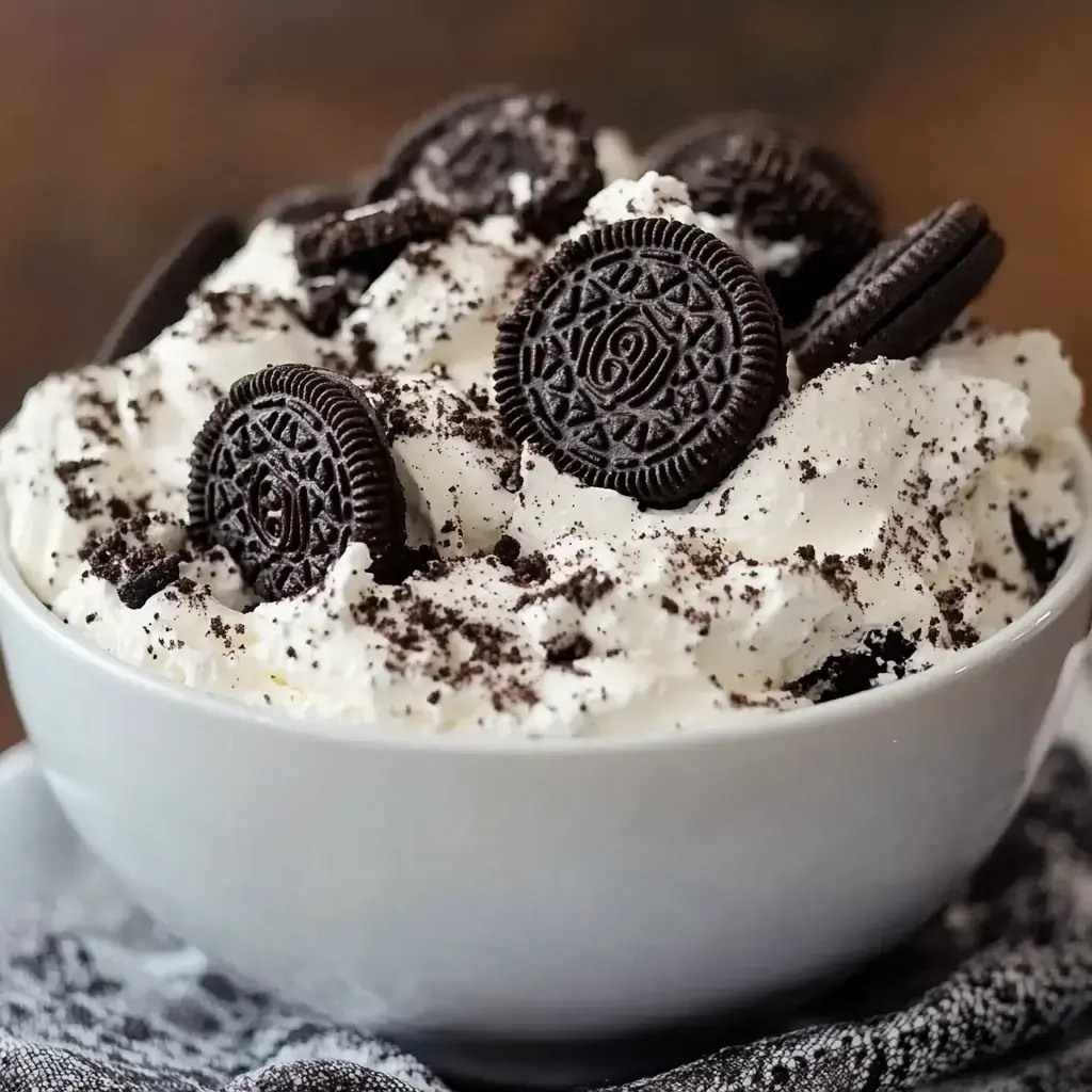 A creamy dessert topped with Oreo cookies and crumbs.