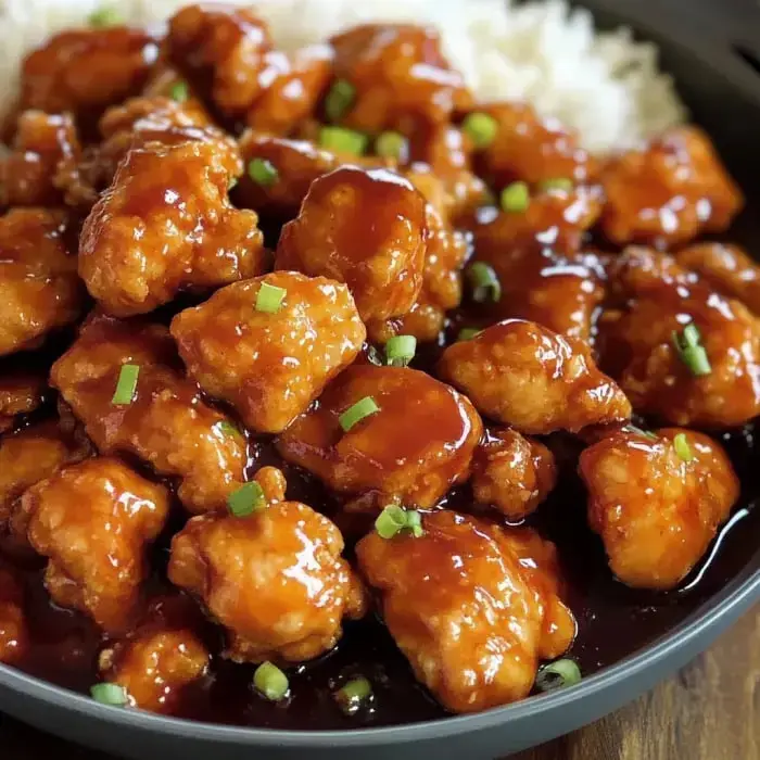 Golden brown chicken pieces drenched in a sticky, sweet-spicy sauce, sprinkled with green onions on white rice.