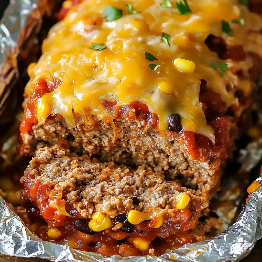 A cheesy meatloaf slice topped with fresh herbs, served with a bright corn and tomato blend.