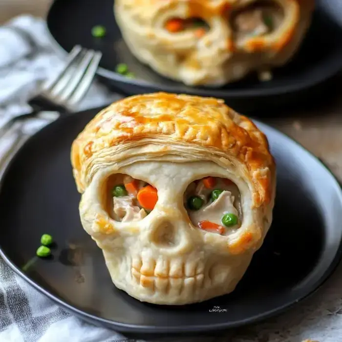 A golden skull-shaped pastry packed with a tasty mix of chicken and veggies, plated on dark dishware.