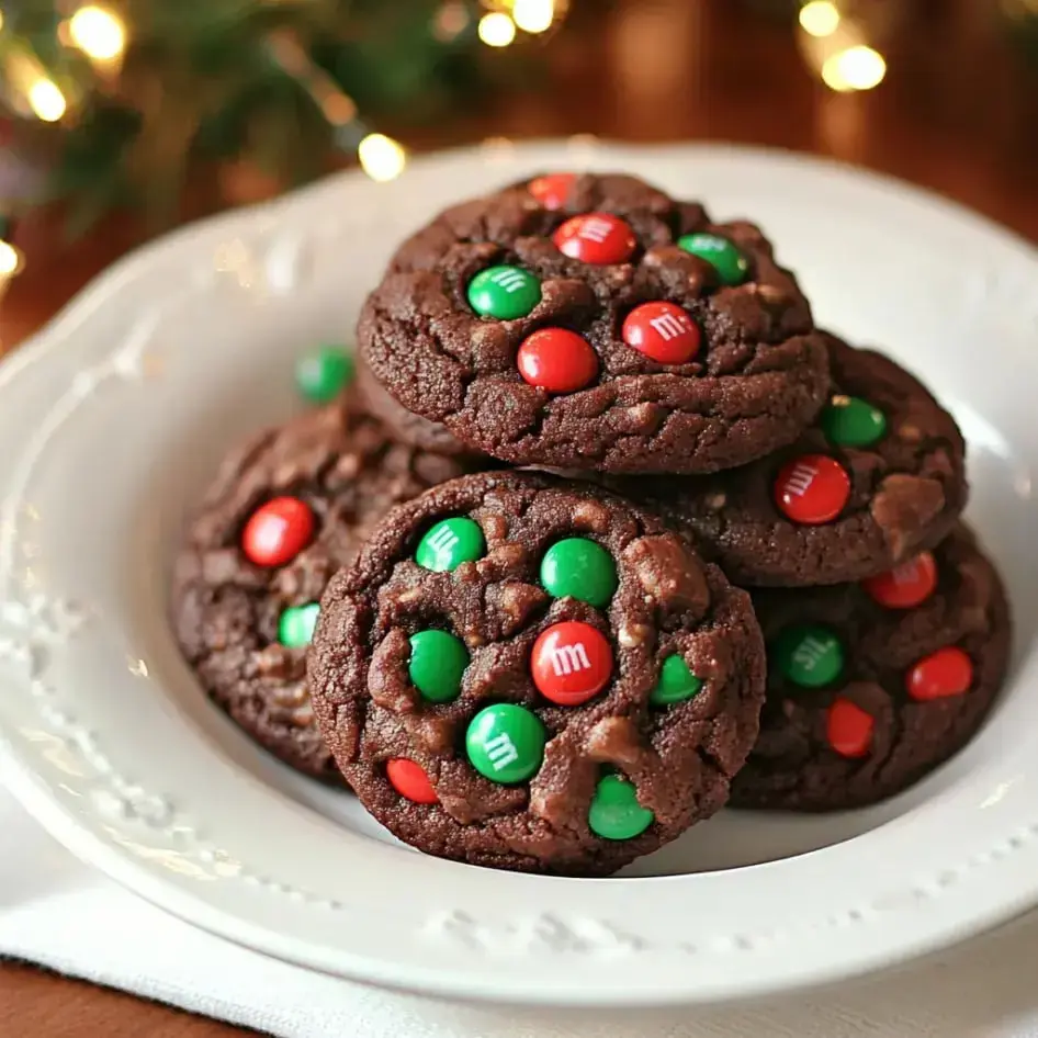 Festive cookies with red and green candies sitting on a plate, surrounded by holiday decor.