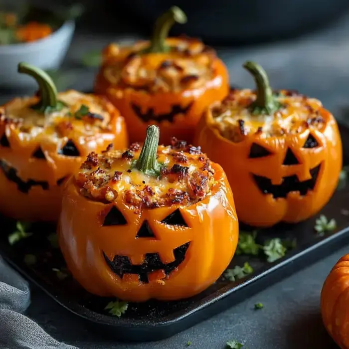 Orange bell peppers with jack-o'-lantern faces, topped with cheese and green stems on a tray.
