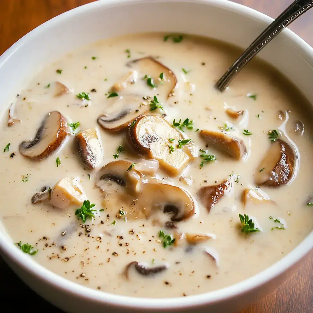 A warm bowl of creamy mushroom soup topped with herbs and cracked pepper.