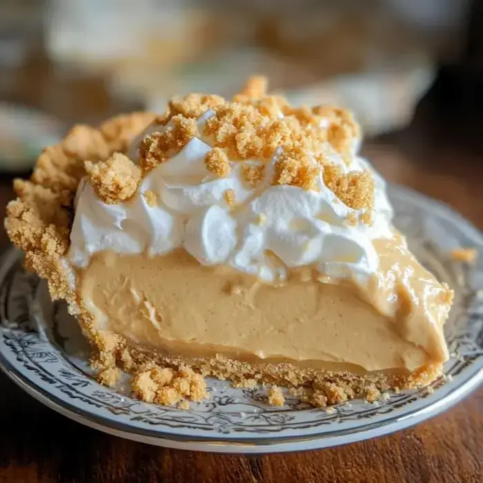A rich slice of pie with whipped cream and crunchy cookie topping on a decorative dish.