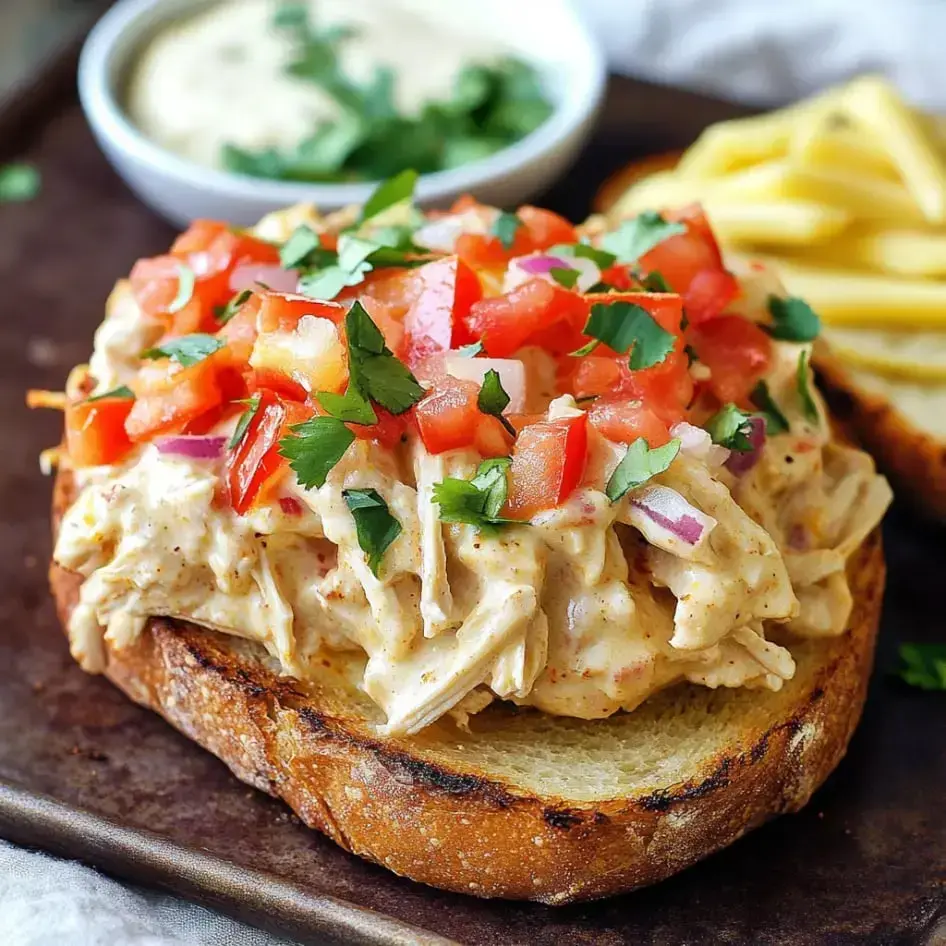 Gold brown toast topped with chicken salad, diced tomatoes, fresh herbs, and onions, with fries and dipping sauce nearby.
