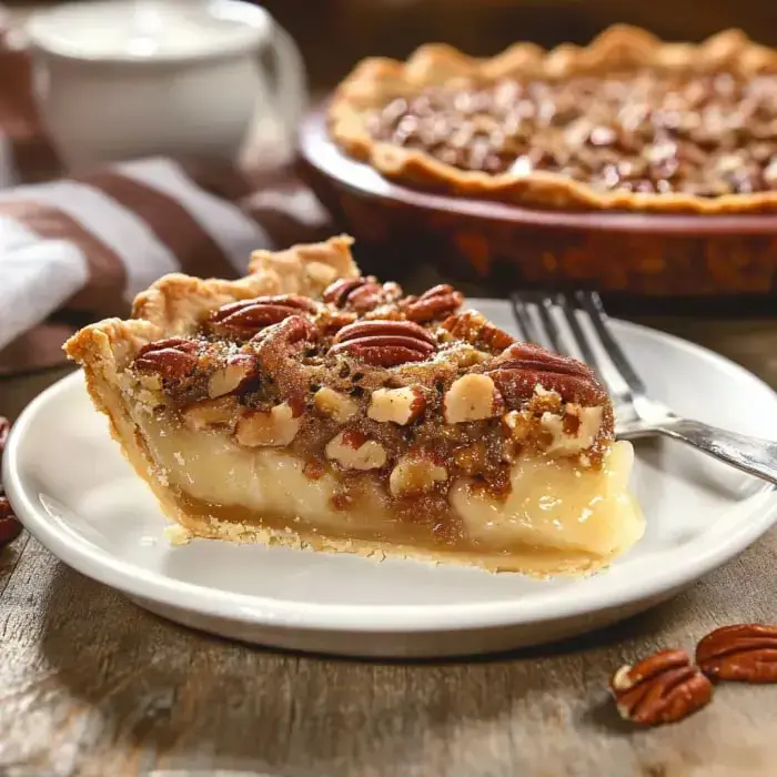 A slice of pecan pie on a white plate with visible layers and topped with glossy pecans. A fork and scattered nuts complete the rustic vibe.