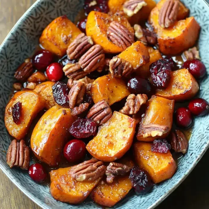 A serving bowl of roasted butternut squash with cranberries and pecans, lightly glazed for sweetness.