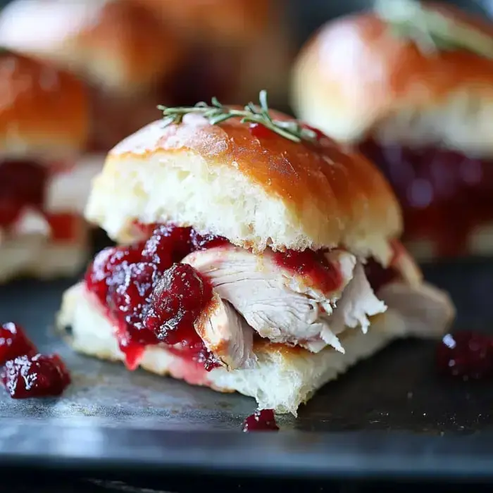 Close-up of a turkey slider with cranberry topping and rosemary garnish on soft rolls.