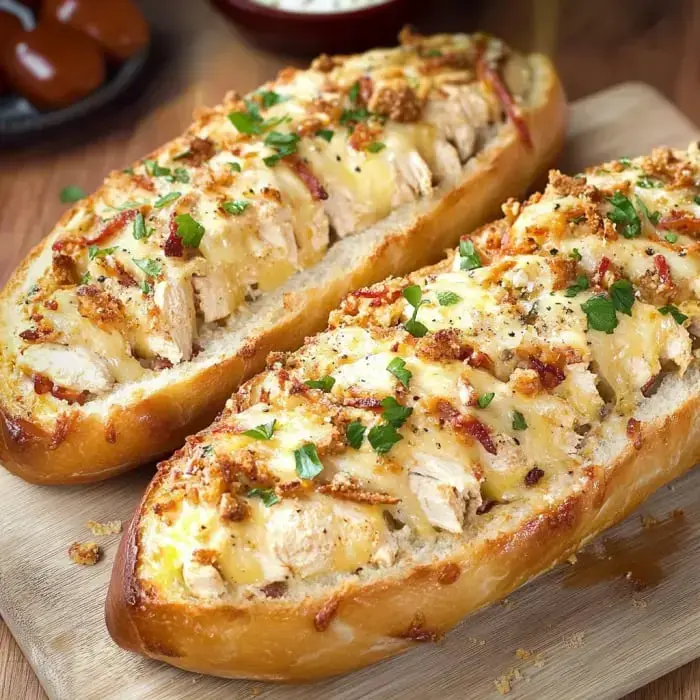 Golden baked bread piled with cheesy chicken, crispy bacon, and herbs on a rustic board.