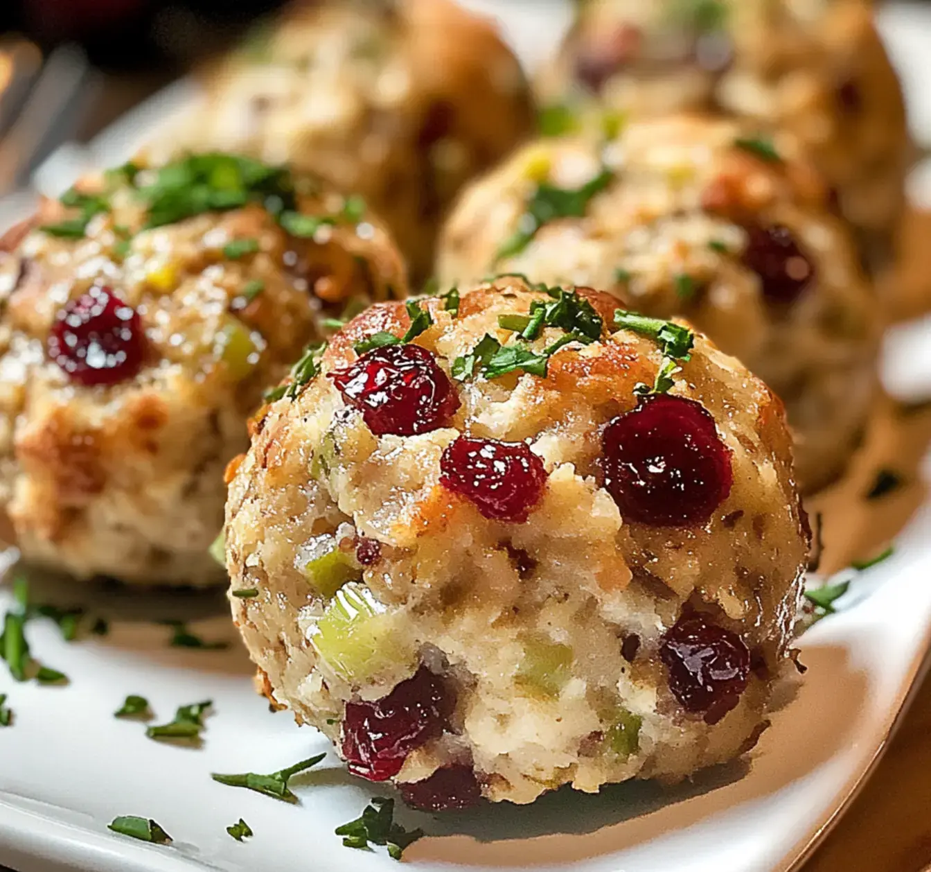 Plump, golden stuffing balls with cranberries and herbs served on a white dish.