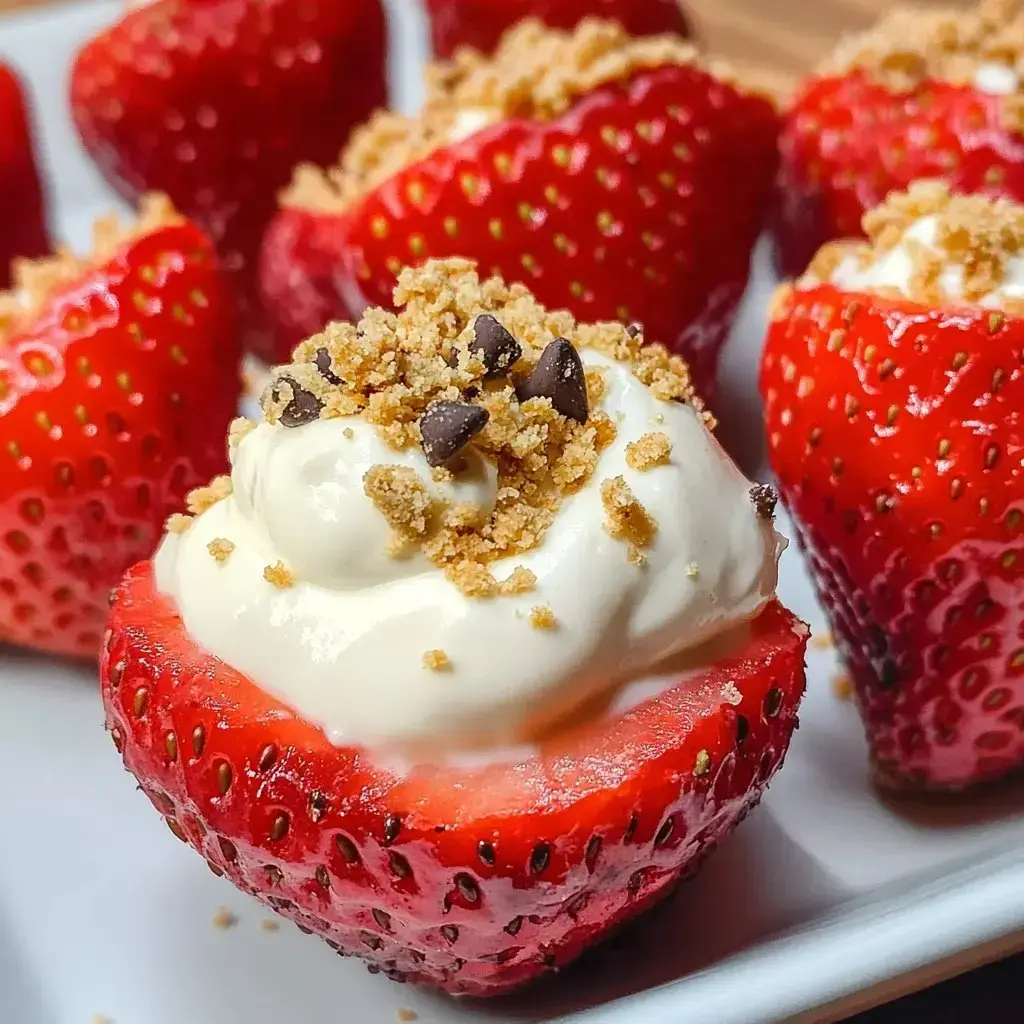 Strawberries hollowed and filled with a creamy mix, topped with crumbles and chocolate bits.
