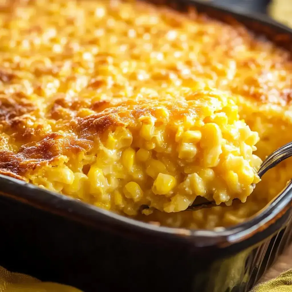 A gooey golden corn bake with a spoon scooping out a serving.