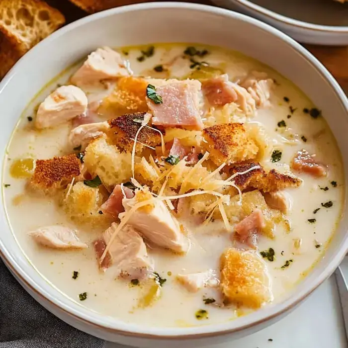 A hearty bowl of creamy chicken soup with ham, croutons, and herbs on top.