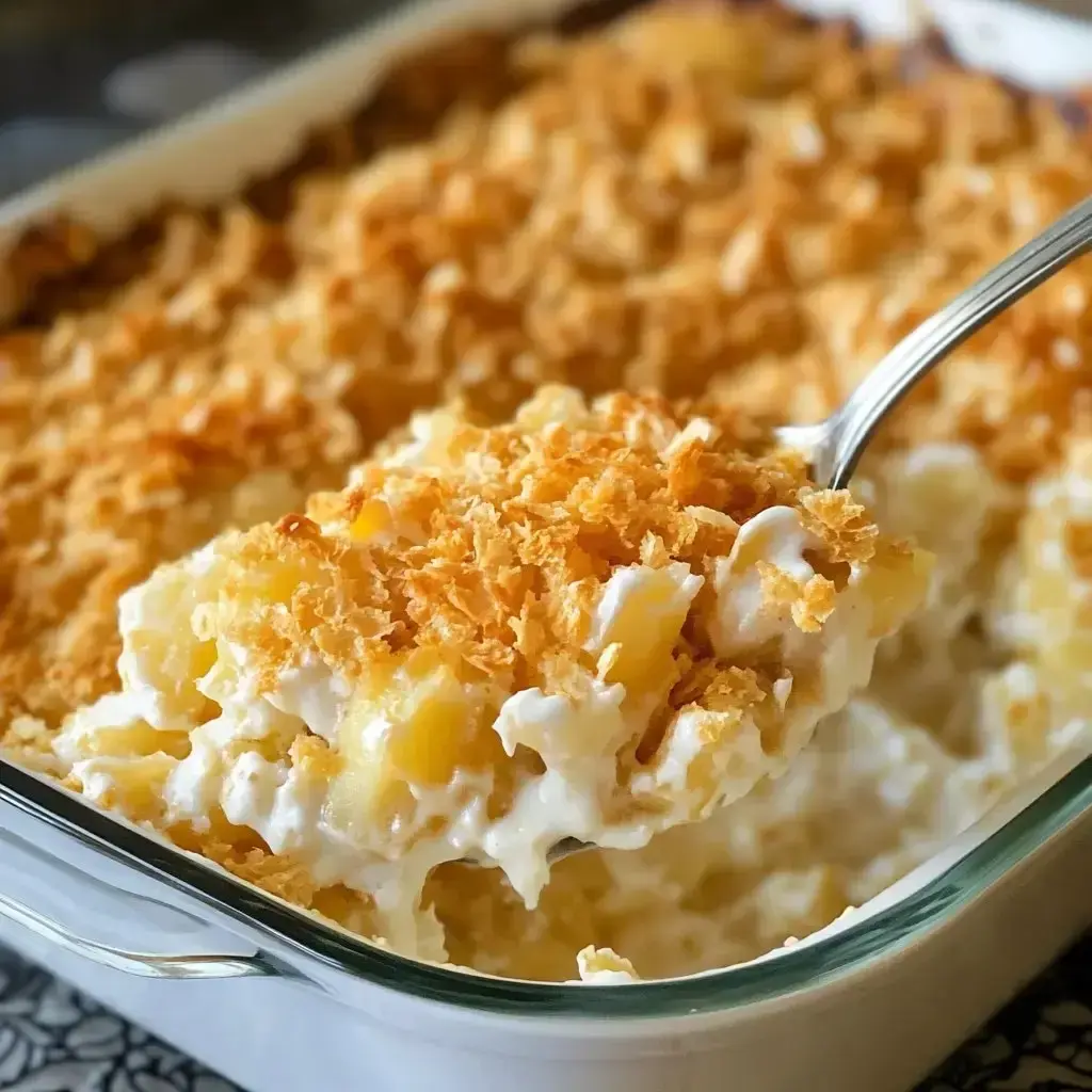 Spoonful of creamy potato casserole with golden, toasted topping, fresh from the baking dish.