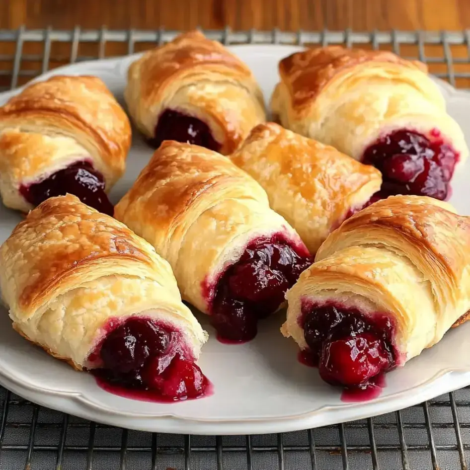 A plate of flaky crescent rolls filled with cherry filling, some slightly spilling out in a golden crust.