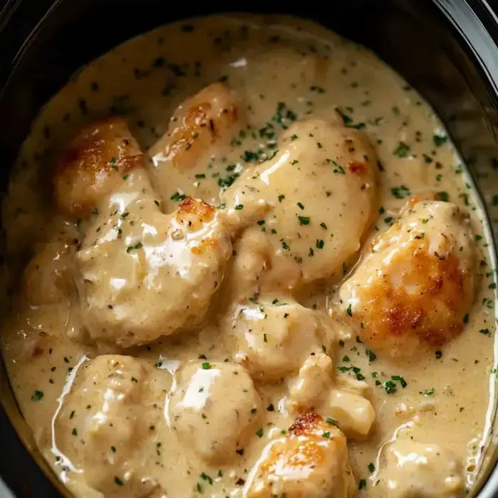 Creamy chicken dish topped with parsley in a black slow cooker.