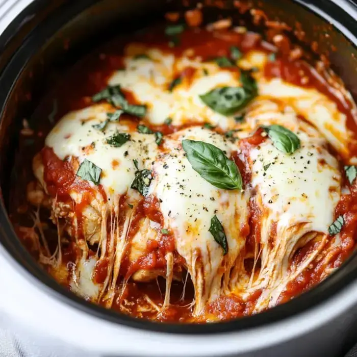 A slow cooker filled with chicken topped with gooey cheese and fresh basil, all simmering in a tomato marinara sauce.