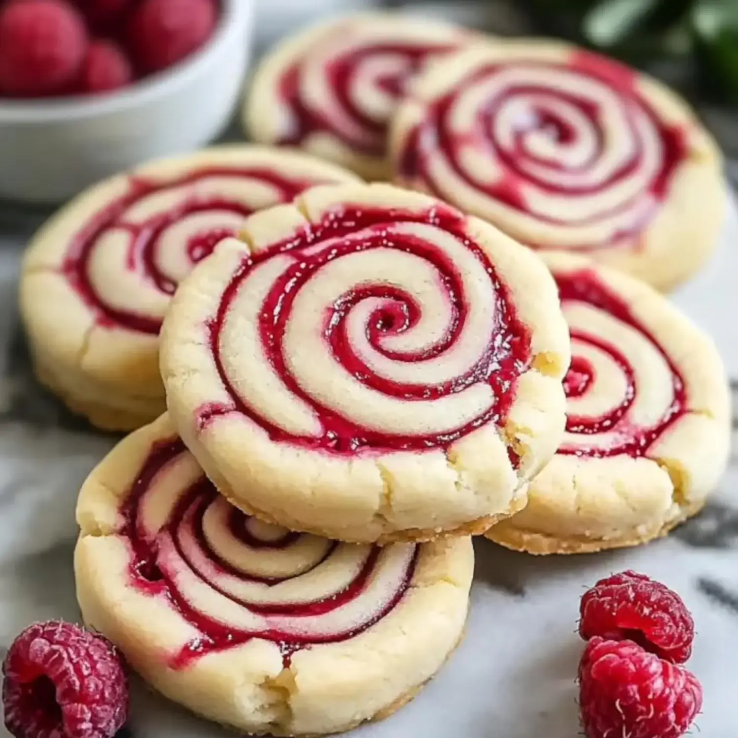 Close-up of raspberry swirl cookies on a marble surface with a bowl of raspberries nearby.