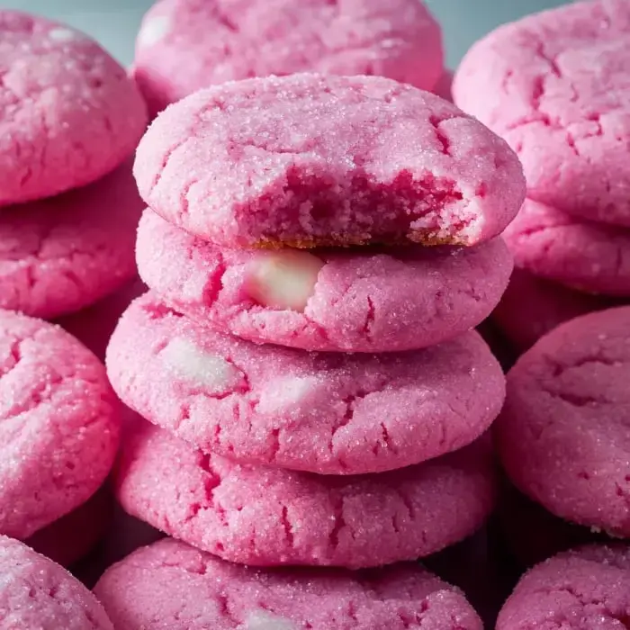 A stack of soft pink cookies with one showing a bite missing, surrounded by more treats.