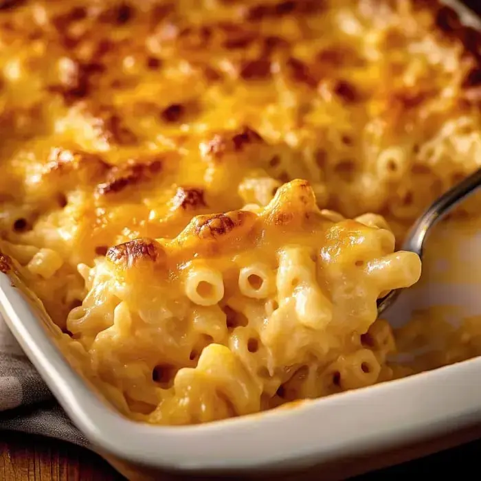 Close-up of creamy macaroni and cheese with a golden crust on top.