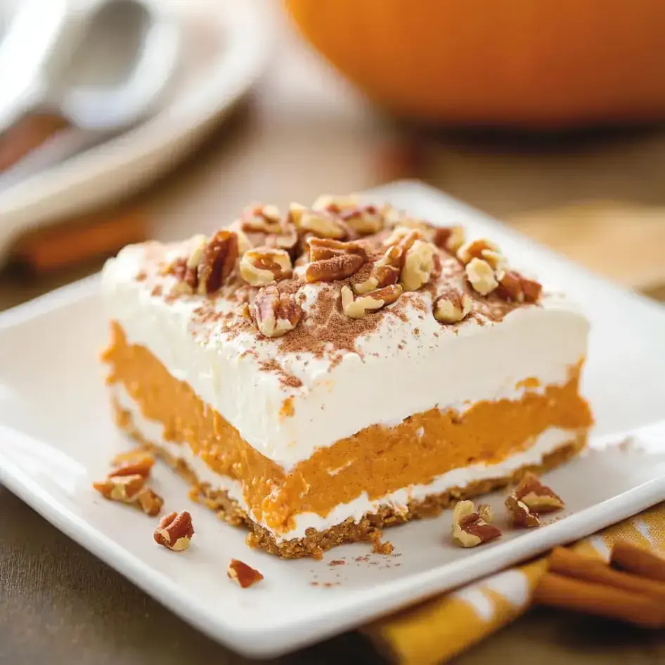 A pumpkin dessert slice with whipped cream, pecans, and cocoa dust sprinkled on top, served on a plate.