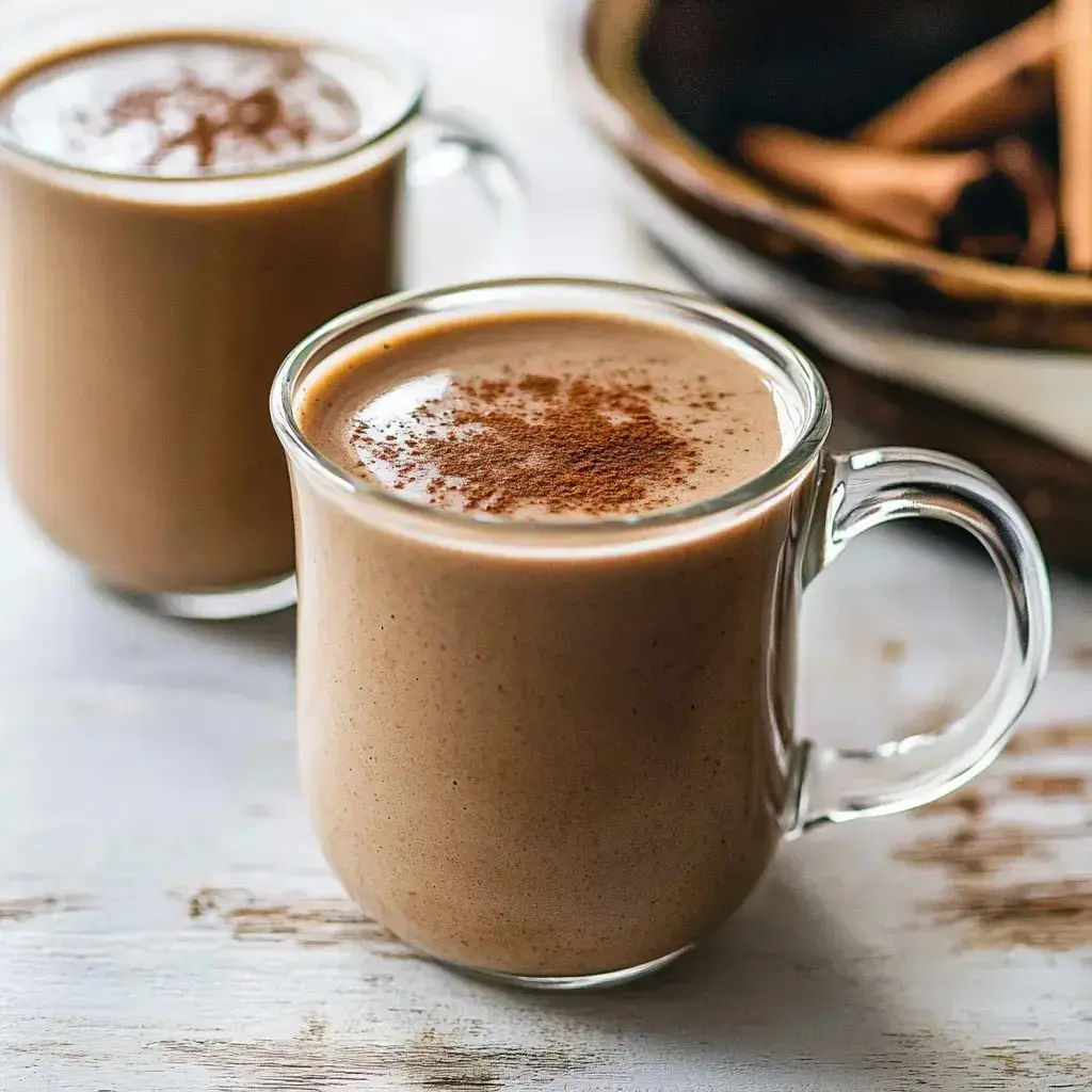 Two clear mugs filled with velvety Mexican hot chocolate, topped with cinnamon, alongside a bowl of cinnamon sticks.