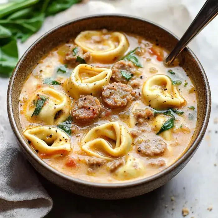 A bowl of sausage tortellini soup with creamy broth, spinach, and tomatoes, sprinkled with black pepper.