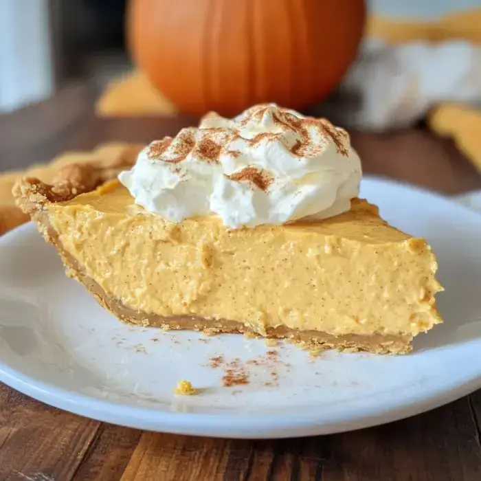 A piece of creamy pumpkin pie with whipped topping and cinnamon, served on a white plate with a pumpkin blurred in the background.