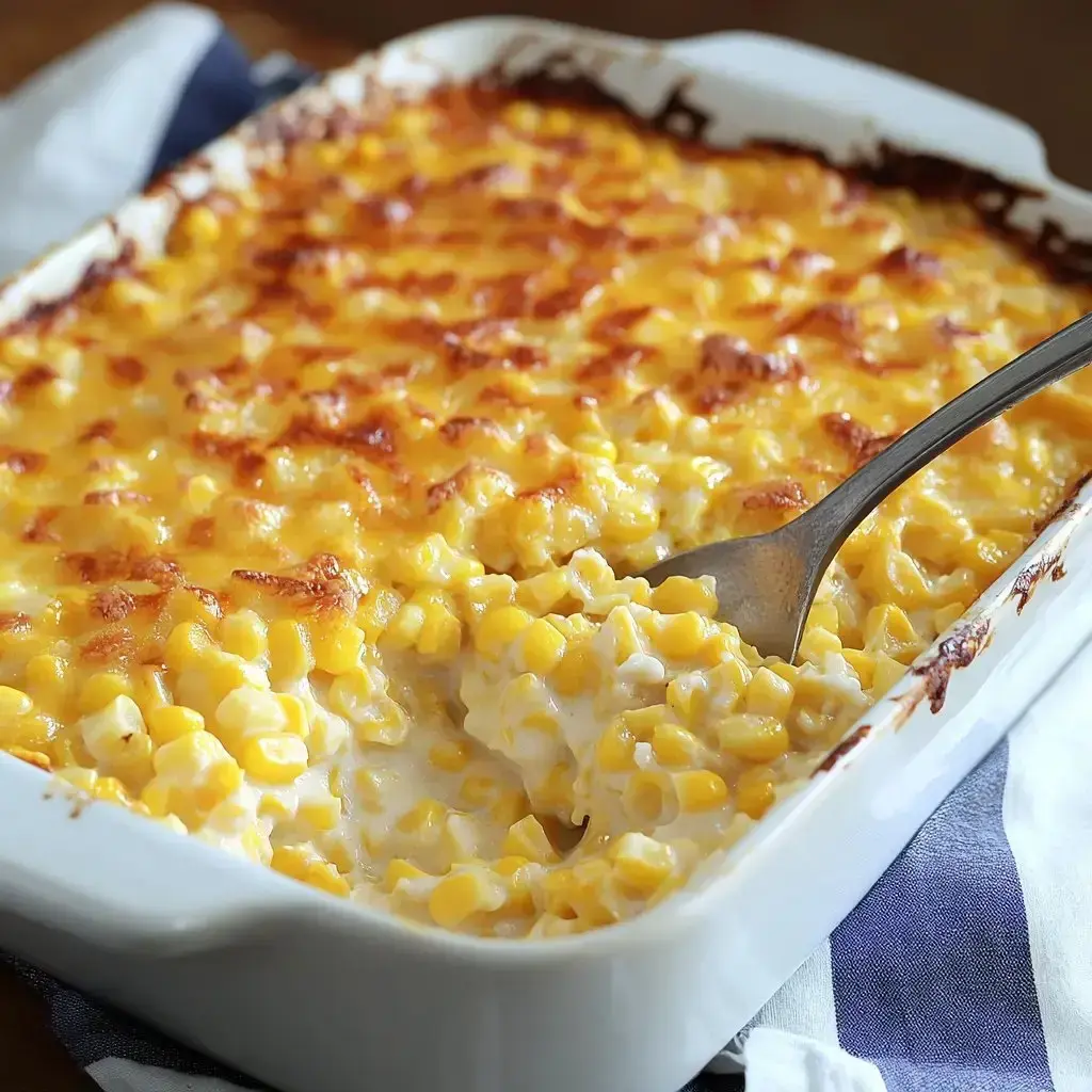 A cheesy corn dish, hot and bubbly, being served up fresh from a white casserole dish.