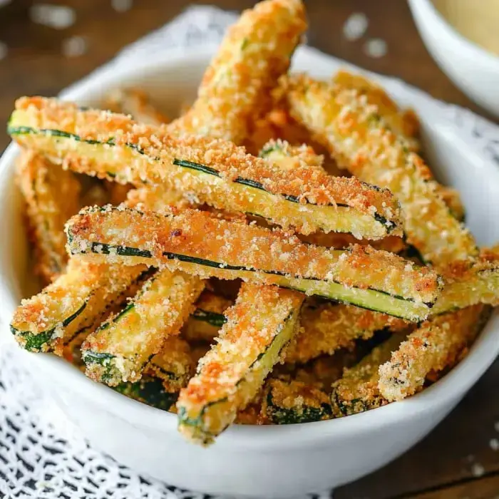Golden and crunchy zucchini fries in a bowl, showcasing their crispy coating and fresh look.