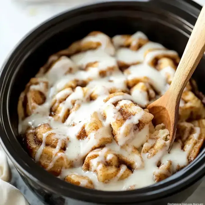 Close-up of soft, iced cinnamon rolls inside a crock pot with a wooden spoon beside it.