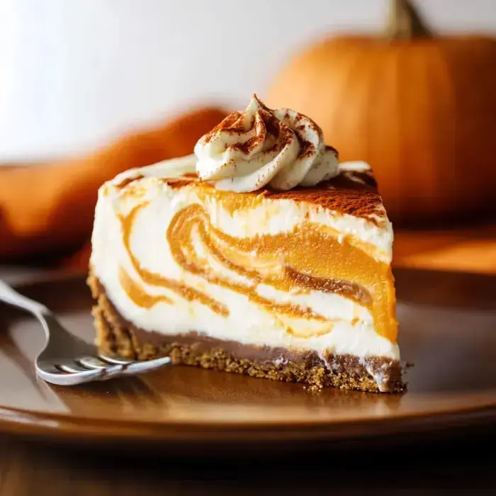 A creamy slice of pumpkin cheesecake with swirling patterns, topped with whipped cream and surrounded by fall decorations.