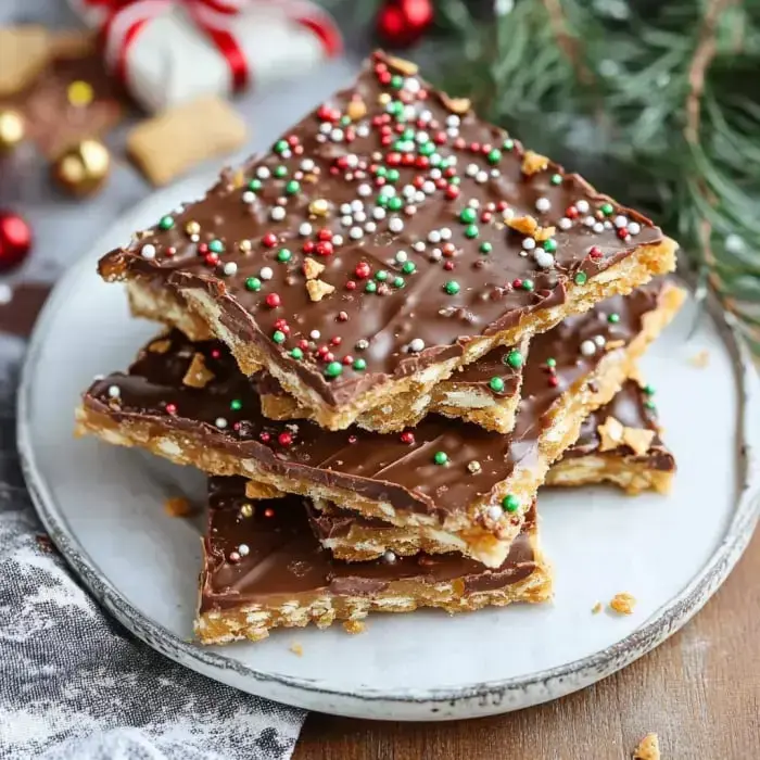 Layers of chocolate, toffee, and crackers topped with colorful candy on a festive table.