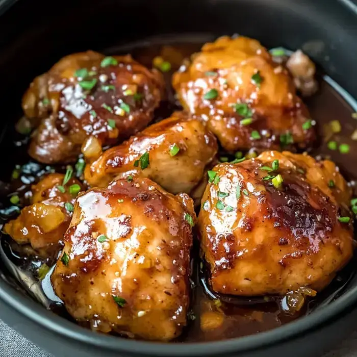 Close-up of glossy chicken thighs in a dark sauce topped with green onion pieces.