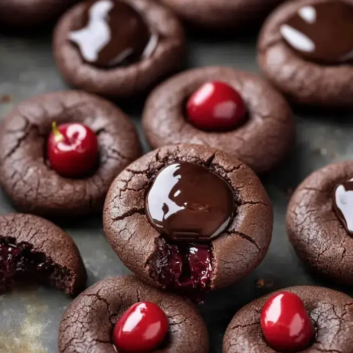 Rich chocolate treats filled with smooth ganache and topped with cherries, up close.