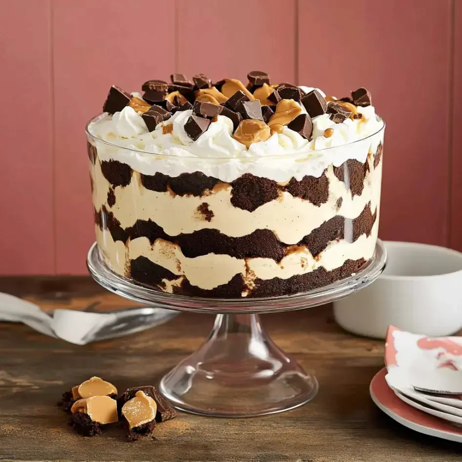A trifle dish filled with layers of brownies, pudding, and whipped cream, topped with chocolate pieces.