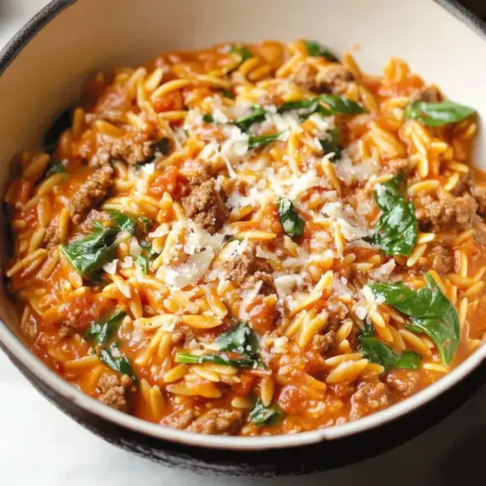 A hearty bowl of creamy orzo with ground beef, fresh spinach, and grated cheese on top.