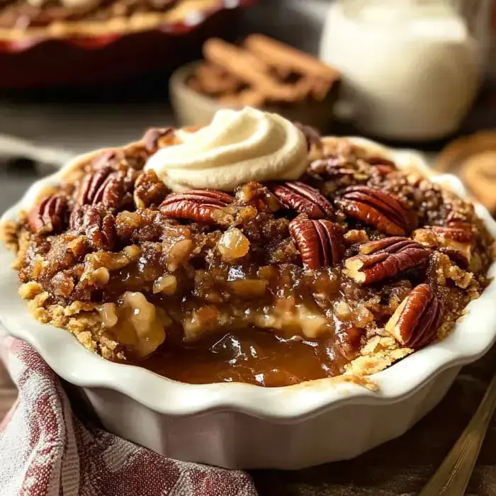 Close view of a pecan cobbler topped with whipped cream, highlighting the gooey layers inside after slicing.