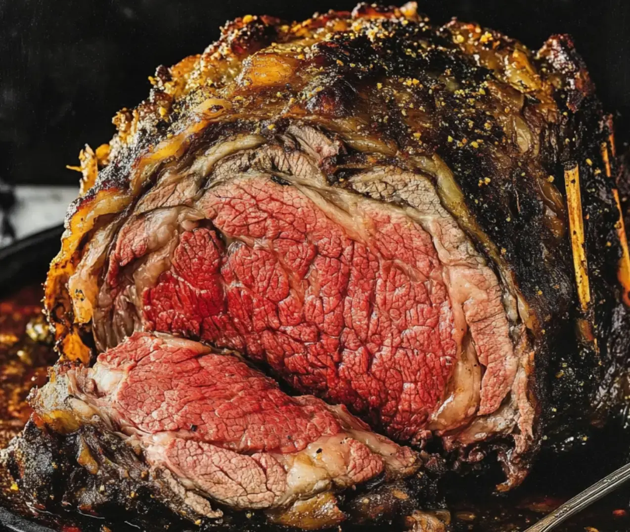 A juicy, perfectly roasted prime rib with crispy edges and a pink center sits on a dark serving plate.