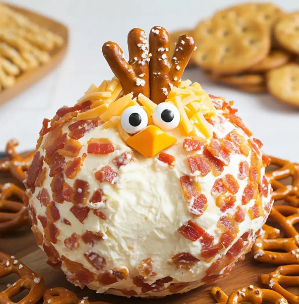 A playful cheese snack shaped like a bird with pretzel feathers, bacon, and ranch flavors, sitting among extra pretzels.