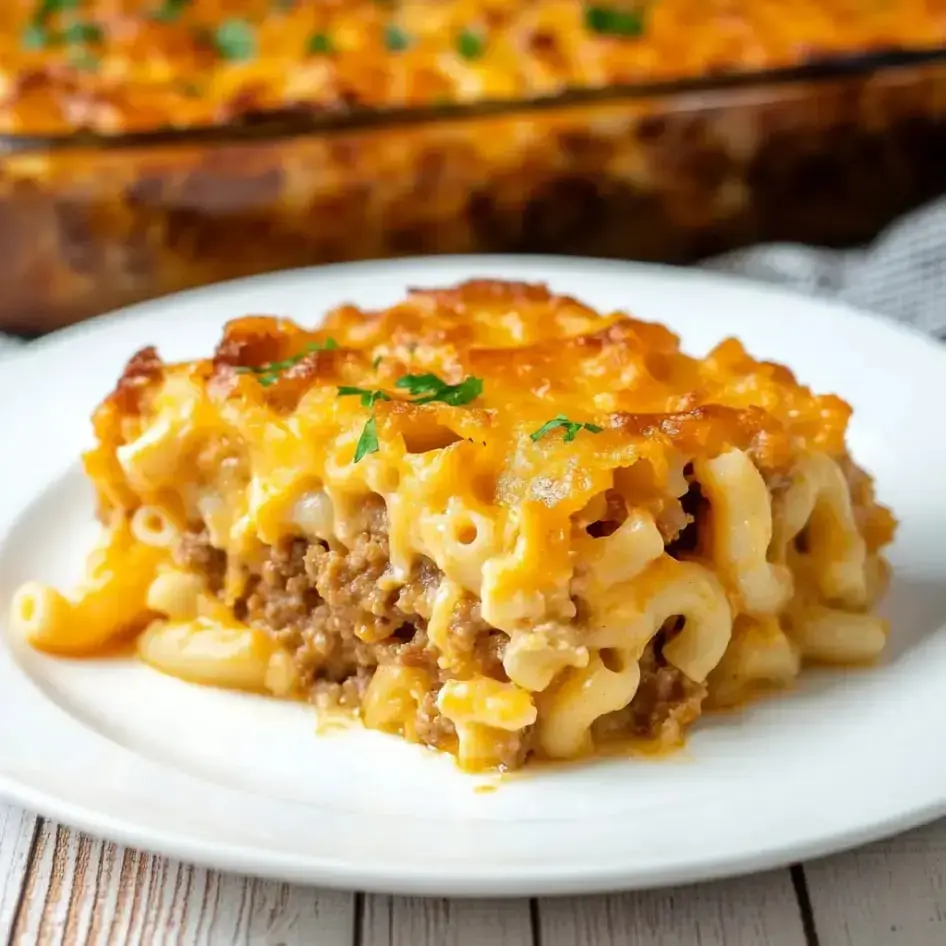 A plate of baked cheesy macaroni layered with seasoned ground beef, topped with parsley.