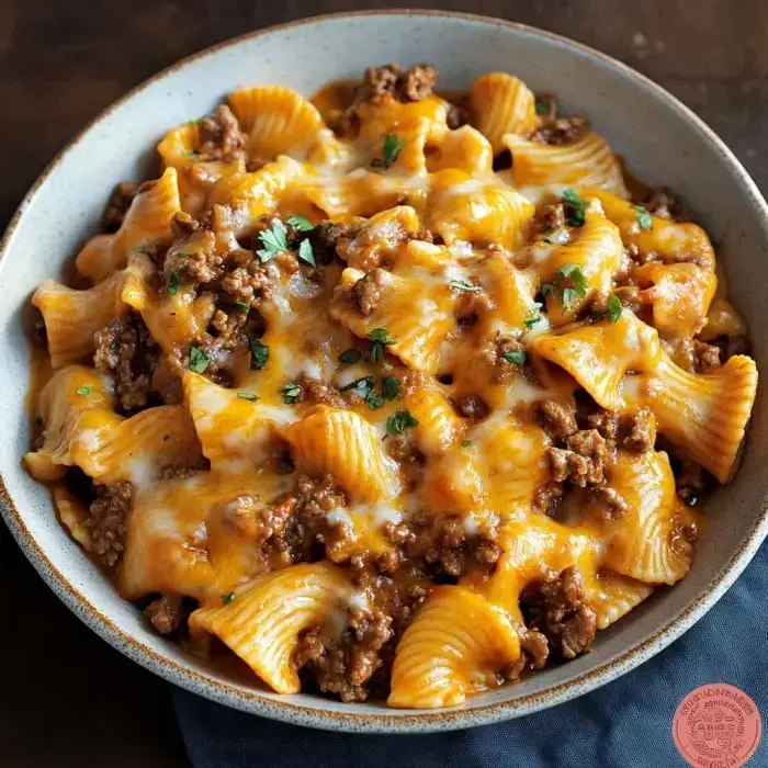 A serving of cheesy taco pasta topped with ground beef, garnished with herbs.