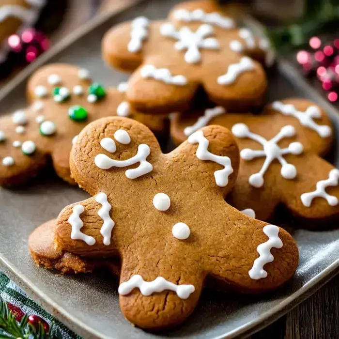 Decorated gingerbread cookies on a plate, featuring a gingerbread man with icing details and colorful sprinkles.