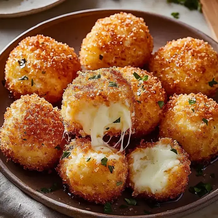 A plate of crispy, golden cheese bites, some leaking melted cheese, topped with fresh herbs.