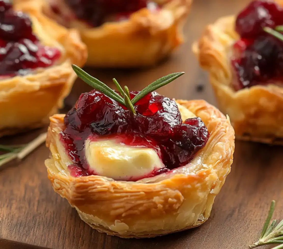 Close-up view of crescent dough cup filled with melted cheese, cranberry jam, nuts, and fresh herbs.