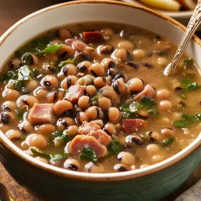 A comforting bowl of smoky black-eyed peas with bacon, sausage, and greens in a savory broth.