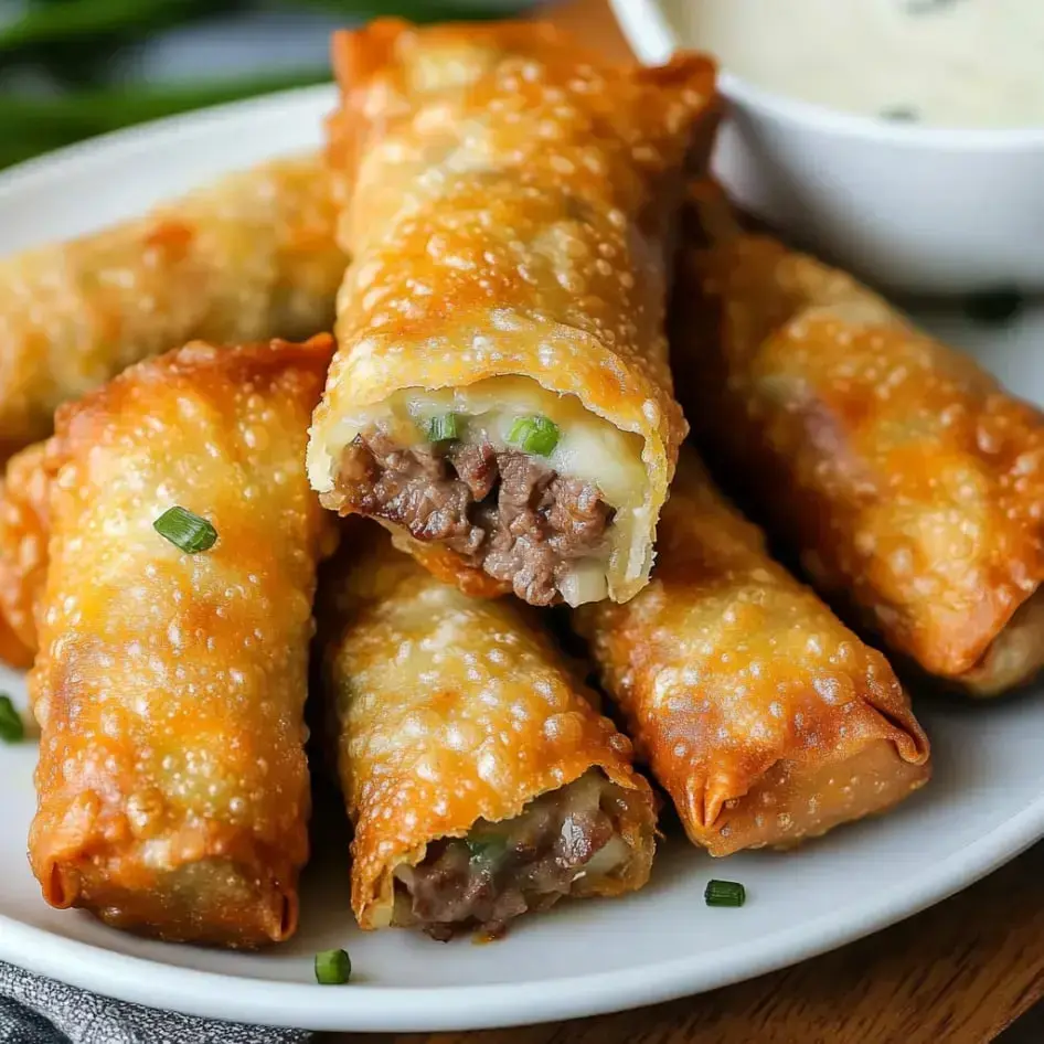 Golden-brown rolls stuffed with beef and veggies on a plate, paired with dipping sauce.