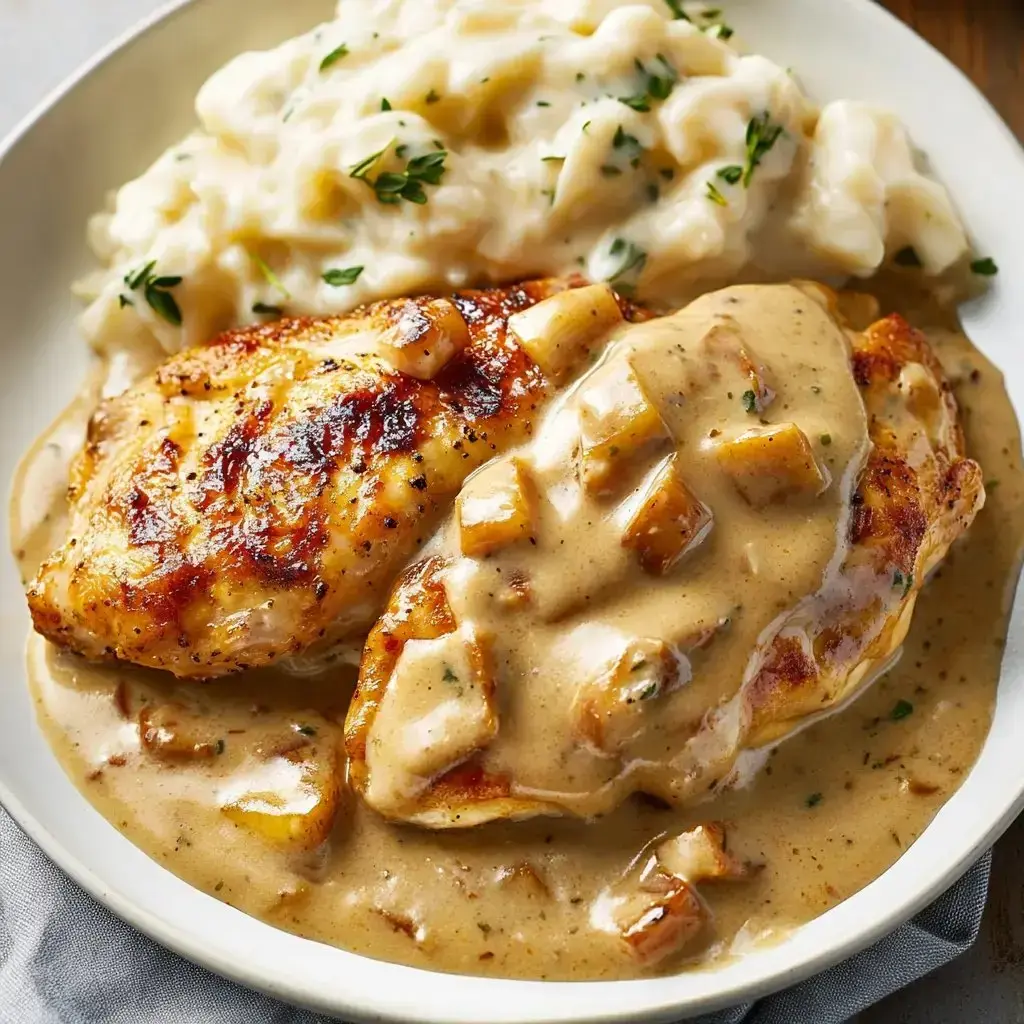 Golden chicken breasts with creamy gravy served alongside mashed potatoes.