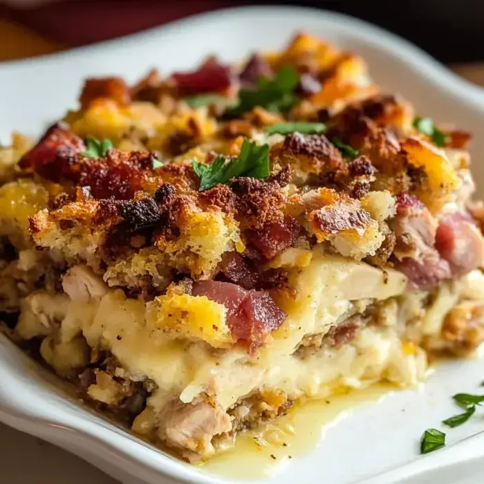A warm baked dish with turkey, stuffing, bacon, and parsley on top.